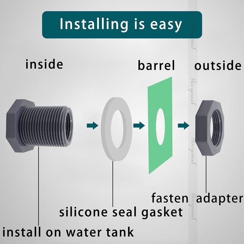 Horiznext NPT 1"" PVC Bulkhead Fitting  Plastic Pipe Connector for rain Barrel Garden Hose Adapter Spigot kit Water Tank Gallon Drain Bucket (pack of 2 pcs) - Image 4